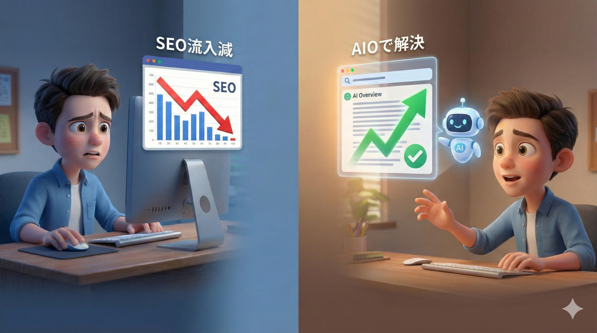 SEO流入減に悩む男性と、AIOで改善した様子の比較