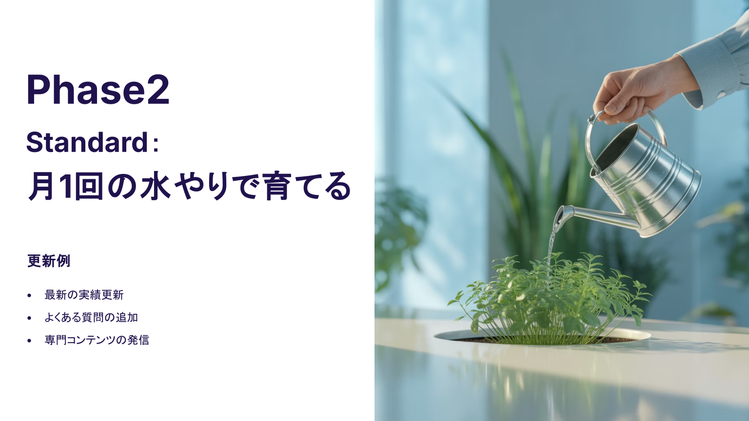 Standardフェーズでは月1回の更新を水やりに例えてWebを育てることを表現したイメージ図