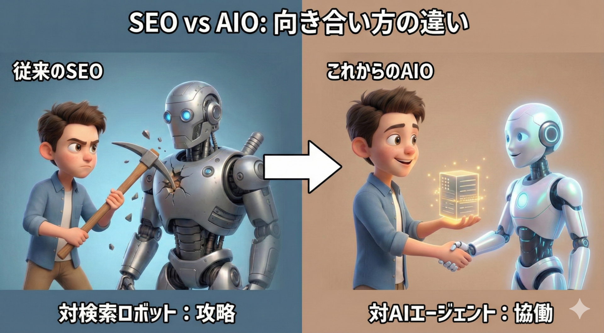 SEOは攻略、AIOは協働という違いを示す比較図