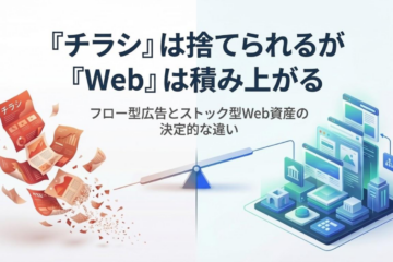 チラシは使い捨てで消える一方、Webは積み上がる資産になることを対比した図解