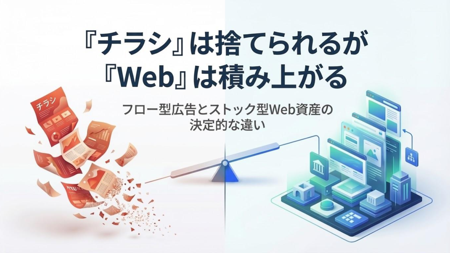 チラシは使い捨てで消える一方、Webは積み上がる資産になることを対比した図解