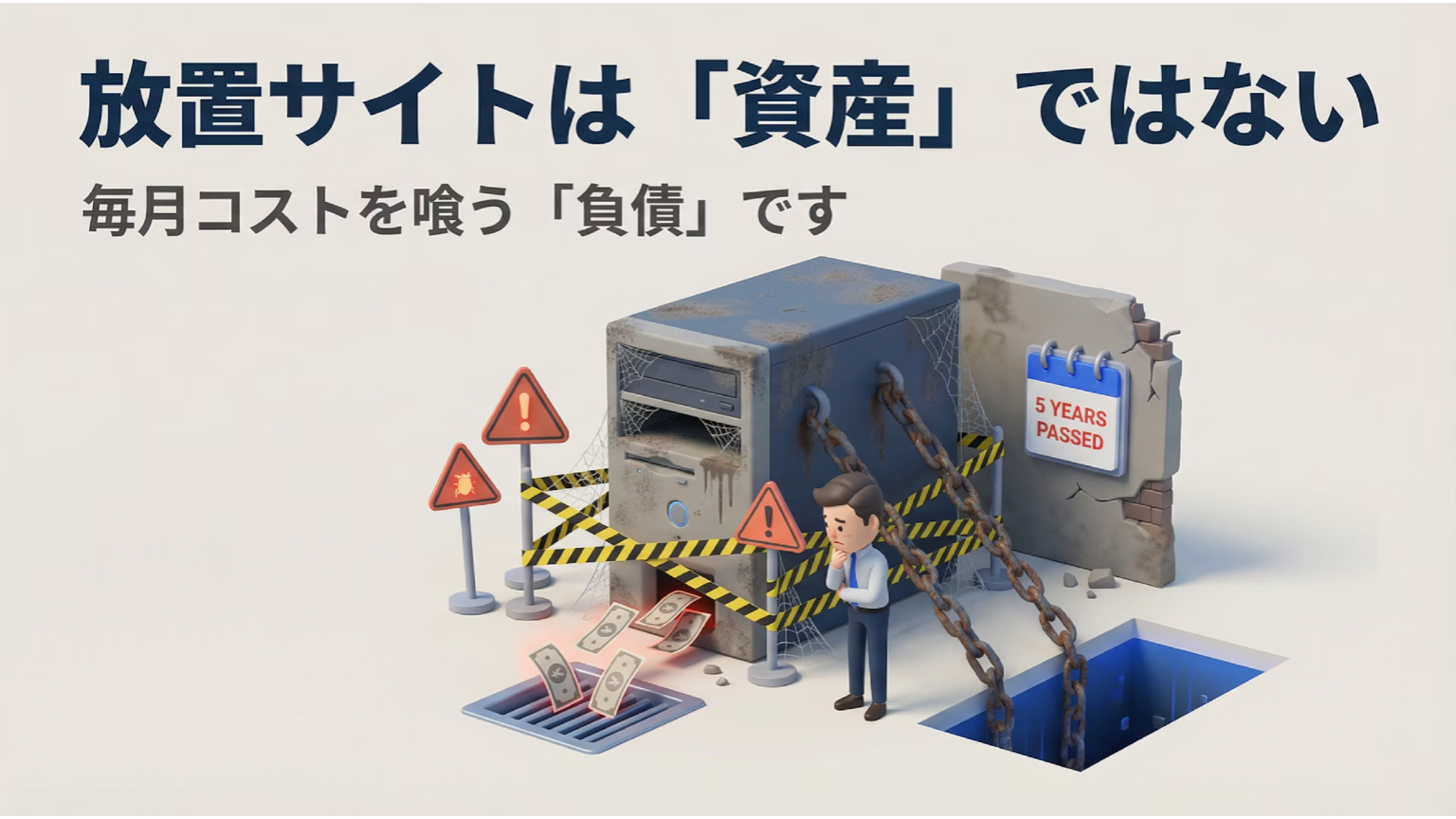 更新されずに放置されたWebサイトがコストを垂れ流す負債であることを示す図