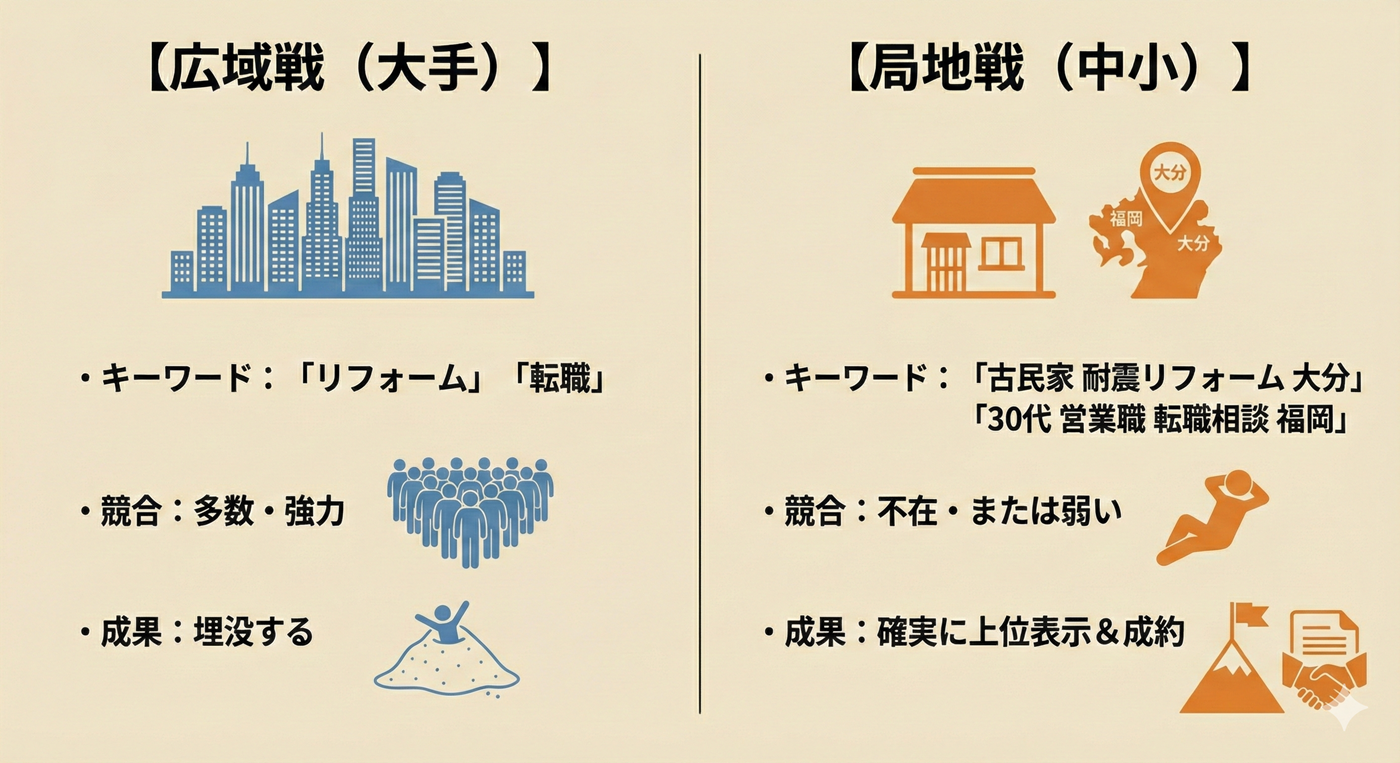 【広域戦（大手）】キーワード：【リフォーム】【転職】競合：多数・強力成果：埋没する  【局地戦（中小）】キーワード：【古民家 耐震リフォーム 大分】【30代 営業職 転職相談 福岡】競合：不在・または弱い成果：確実に上位表示＆成約