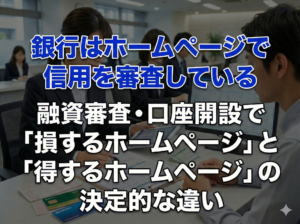 銀行の窓口で銀行員が法人担当者と向き合い、書類やパソコン画面を確認しながら信用や事業内容を審査している様子