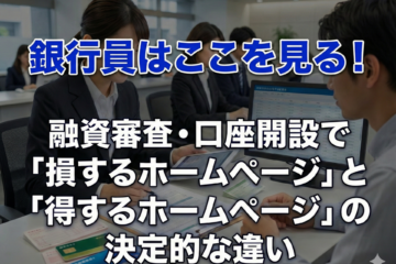 銀行窓口で銀行員が法人客と向かい合い、書類や画面を確認しながら融資や口座開設の審査を行っている様子