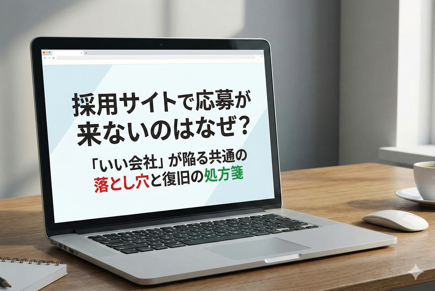 PC画面にタイトル「採用サイトで応募が来ないのはなぜ?「いい会社」が陥る共通の落とし穴と復旧の処方箋」が表示されたアイキャッチ