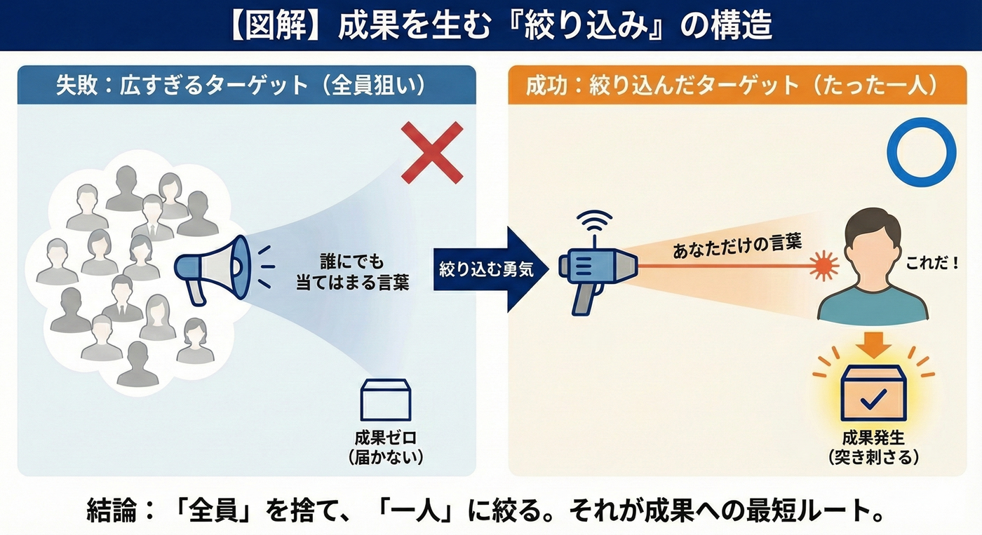 広すぎるターゲットでは成果が出ず、一人に絞ることで成果が生まれる構造を示した図