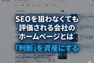 SEOを狙わなくても評価される会社のホームページと、検索順位より判断を資産にするという主張を示すビジュアル