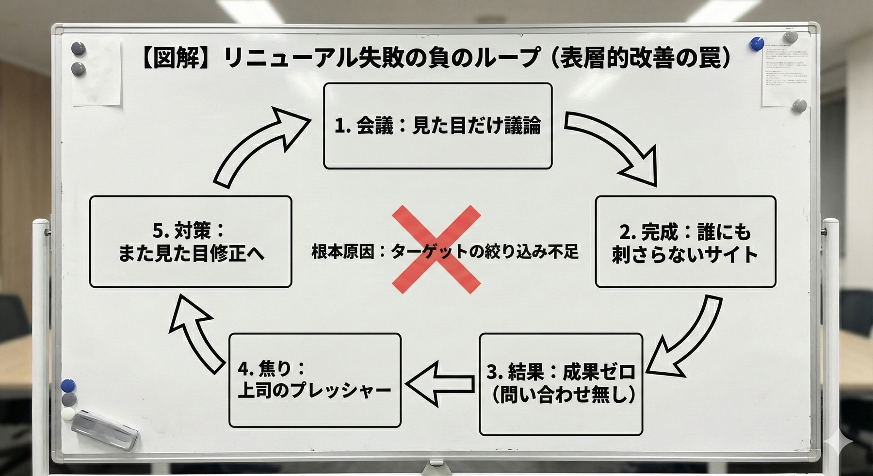 ターゲットを絞れないことで成果ゼロに陥るリニューアル失敗の負のループ図