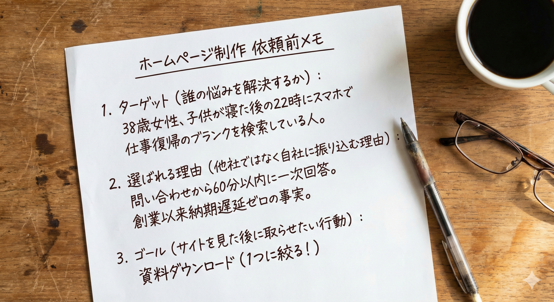 依頼前の3つの経営資産が書かれたメモ用紙