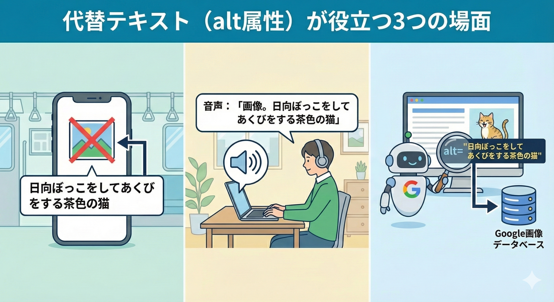 代替テキストが役立つ三つの場面を示す図。画像が表示されない状況、音声読み上げ、検索エンジンでの理解を説明している。