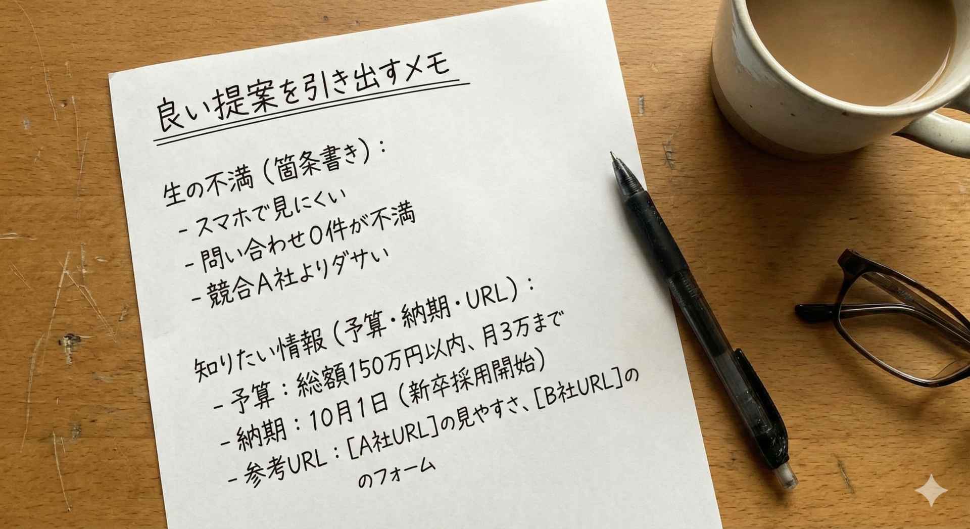 生の声・予算・納期・URLなどが書かれた理想のメモ用紙