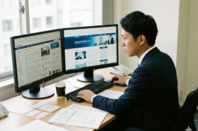 紹介を受けた企業のホームページを複数画面で確認し、取引先候補を比較検討しているビジネスパーソン