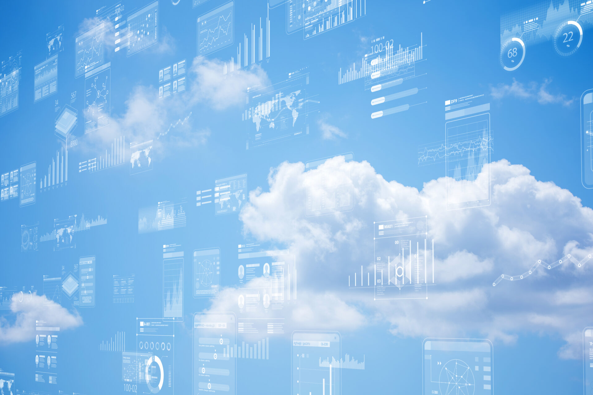 雲の上にデータやグラフが浮かび、情報が構造化されている様子を表現したビジュアル