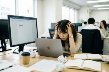 パソコンの前で頭を抱え、ホームページ更新のネタが思いつかず悩んでいるWeb担当者