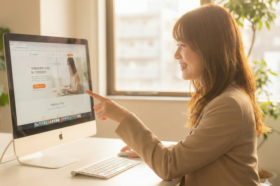 ホームページを見ながら内容を確認し、次に取る行動を検討している女性