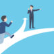 矢印の上を進む人物と、進む方向を示すスーツ姿の人物のイラスト