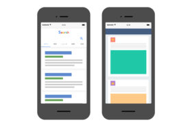スマートフォンで検索結果ページとSNSフィードを閲覧する画面の比較イメージ
