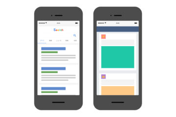 スマートフォンで検索結果ページとSNSフィードを閲覧する画面の比較イメージ